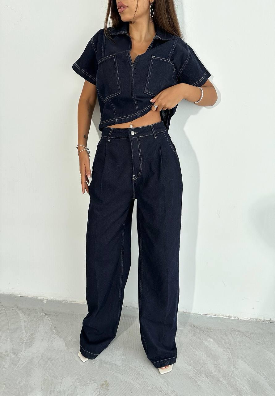 HIGH WAIST WIDE LEG PALAZZO JEANS - DENIM TSHIRT