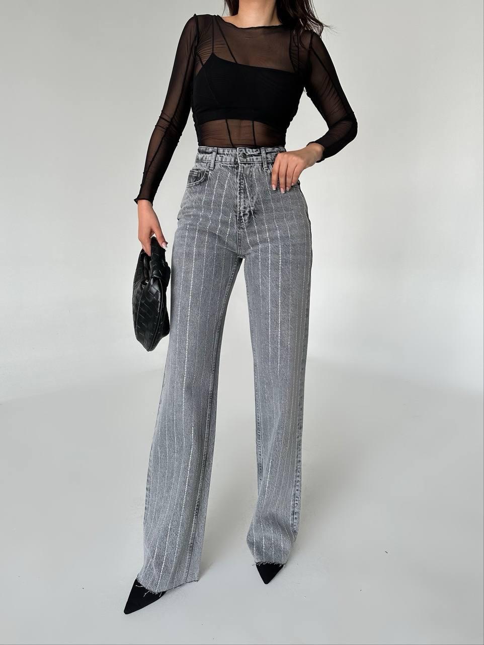 SHINY STONE DETAILED WIDE LEG JEANS